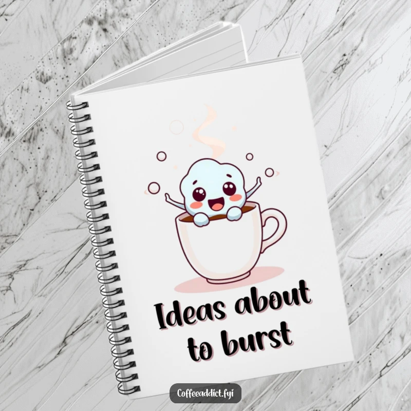 Funny Coffee Molecule Notebook showing an excited character popping from a coffee cup, great for humorous note-taking.