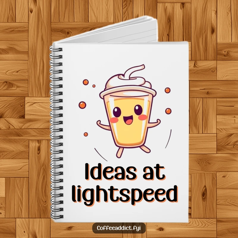 Funny Kawaii Espresso Shot Notebook featuring a character zipping around excitedly, ideal for capturing fast-paced thoughts and ideas.