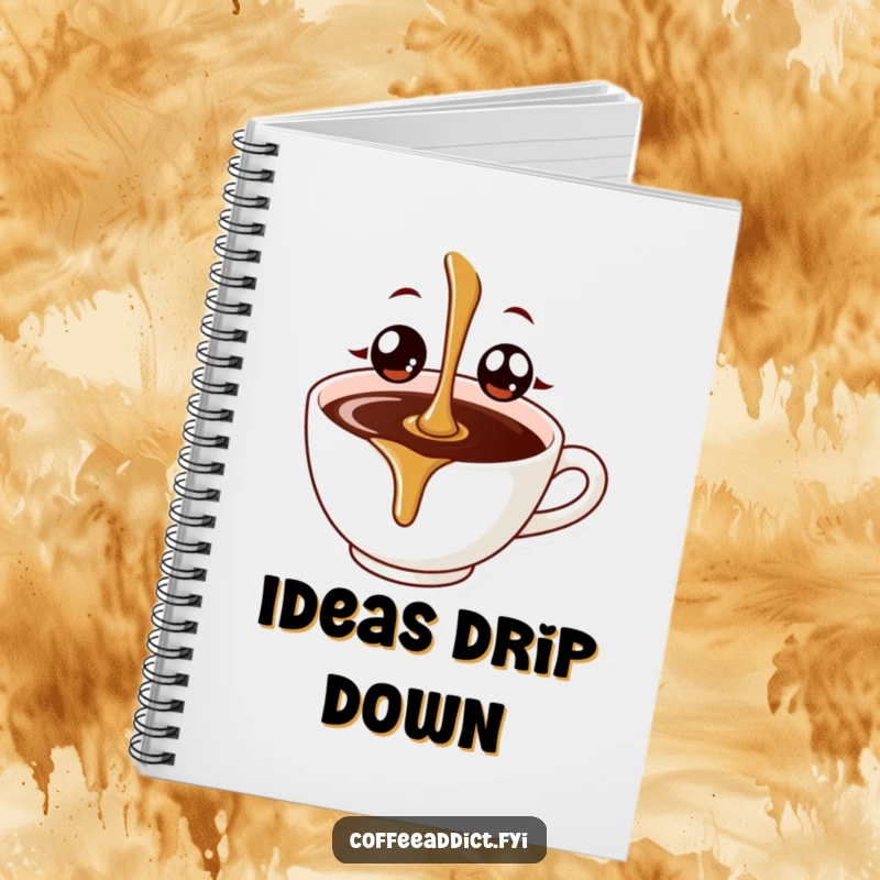 Funny coffee drip with wide, happy eyes symbolizing a great idea, adorning a notebook for jotting down thoughts.
