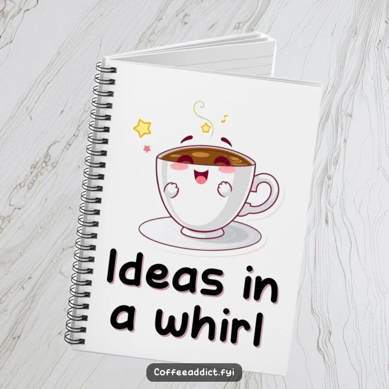 Funny notebook featuring a spinning coffee saucer character, ideal for capturing inspired thoughts.