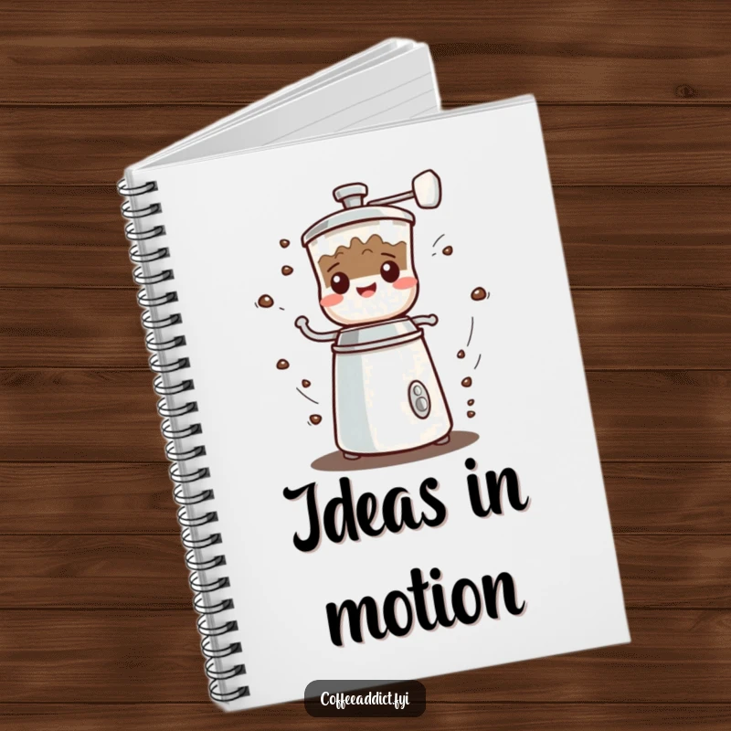 Funny Kawaii Coffee Grinder Notebook showing a small character spinning rapidly with a happy grumbled noise, perfect for notes.
