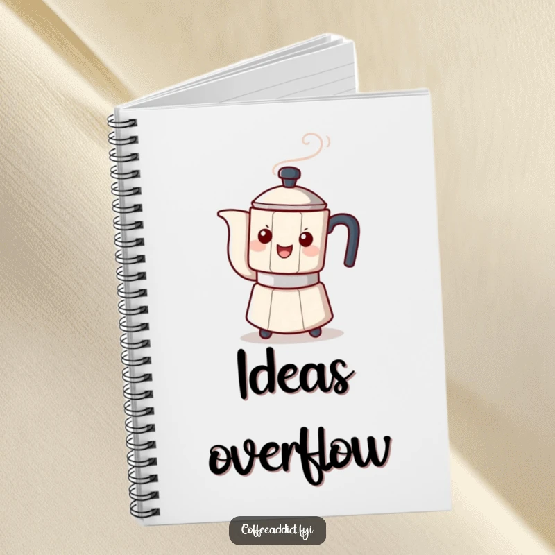 Funny notebook cover featuring a steaming coffee pot character playfully tipping, perfect for jotting down creative and fun ideas.