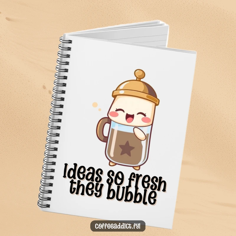 Funny notebook with a French press character exhaling a bubbly sigh of joy, ideal for note-taking.
