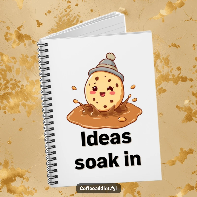 Funny cookie coffee notebook featuring a perky cookie wearing a hat splashing in a coffee puddle.