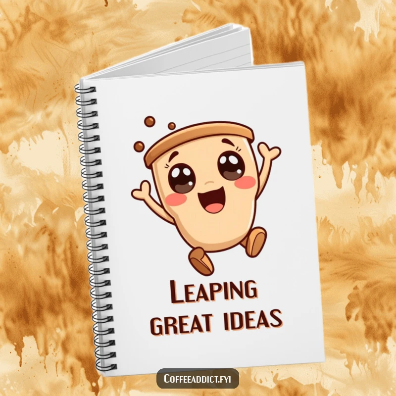 Funny notebook cover with a cute kawaii coffee character doing an excited, energetic leap, great for inspiration.