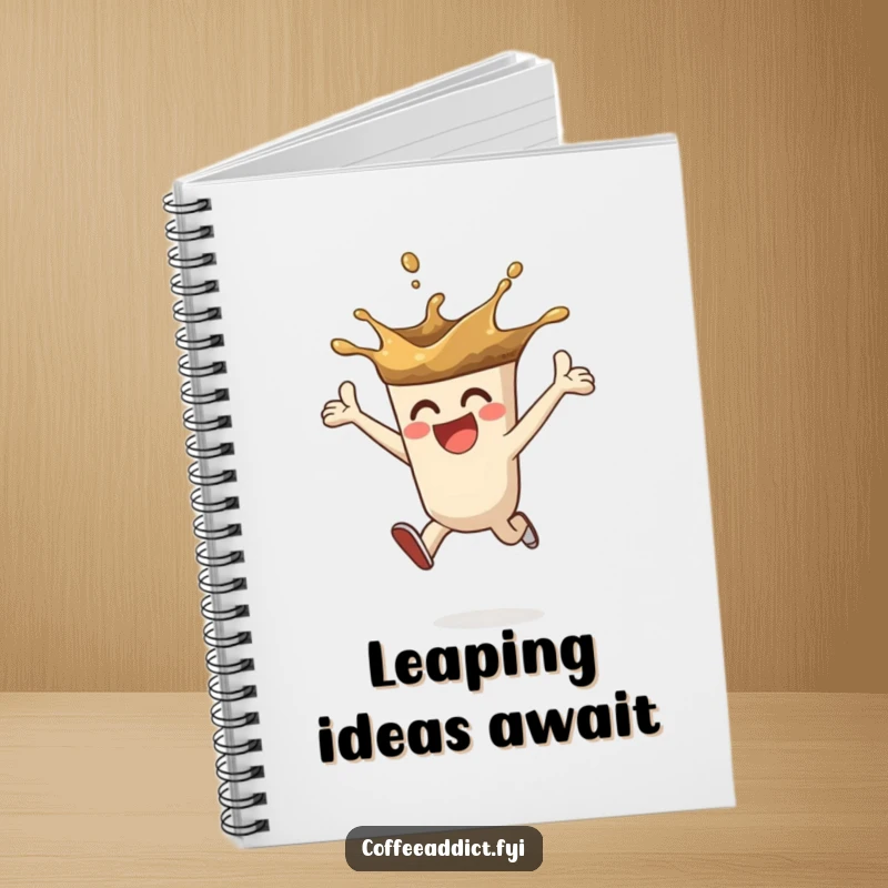 Funny notebook showcasing a coffee splash character leaping with enthusiasm, perfect for jotting down ideas with energy.