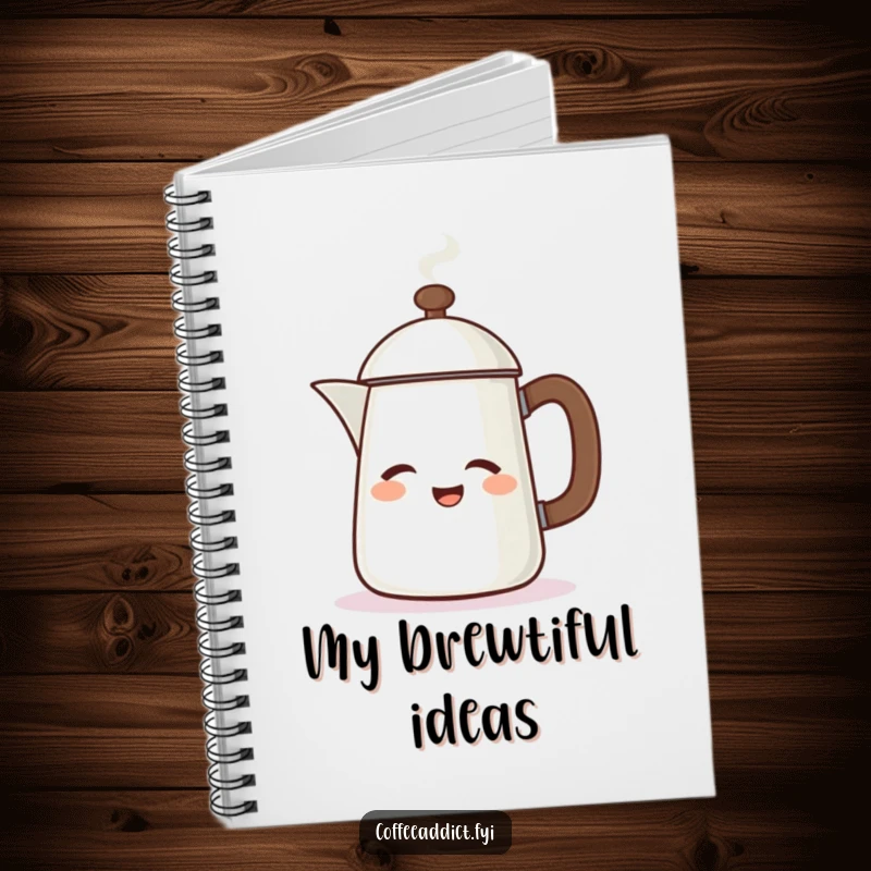 Funny notebook cover featuring a steaming coffee pot character winking energetically, perfect for creative note-taking.