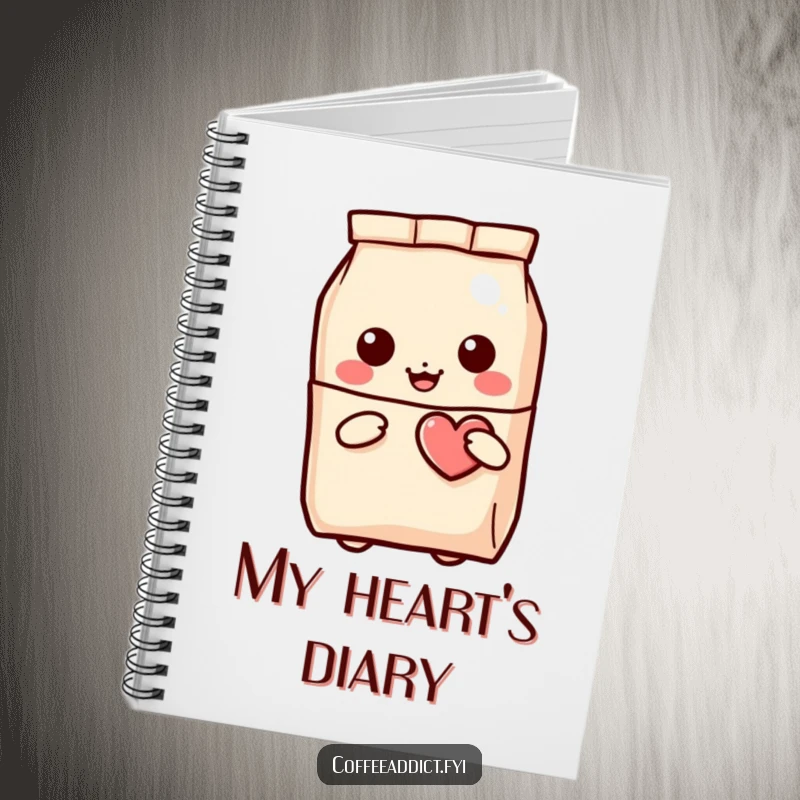 Funny Kawaii Coffee Bag Notebook showing a character peeking out, holding a winking heart, ideal for writing.