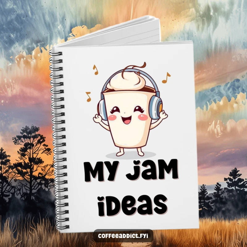 Funny coffee cup character wearing small headphones, grooving to music, on the cover of a notebook.