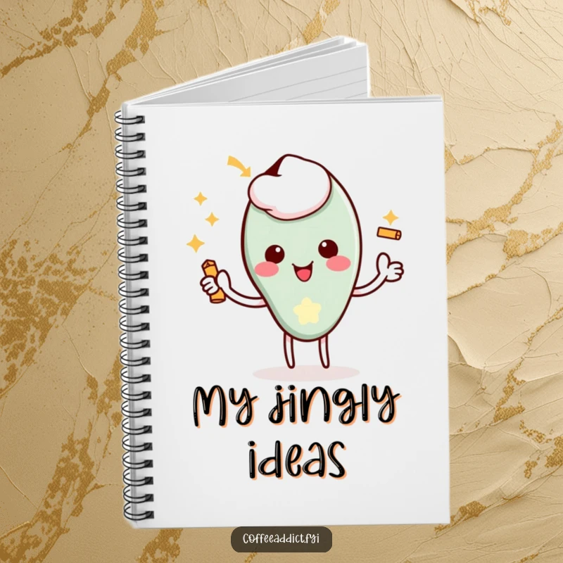 Funny Kawaii Coffee Spoon Notebook showing a character giving a delighted flourish and a tiny jingle, ideal for writing.