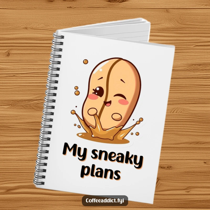 Funny coffee bean character winking playfully while splashing a little liquid, inspiring mischief on a stylish notebook cover.