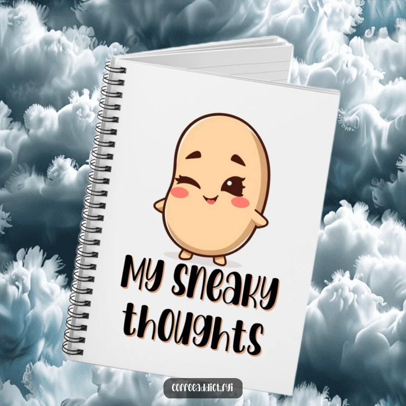 Funny Kawaii Coffee Bean Notebook featuring a cute character winking with a mischievous grin, perfect for jotting down witty and playful thoughts.