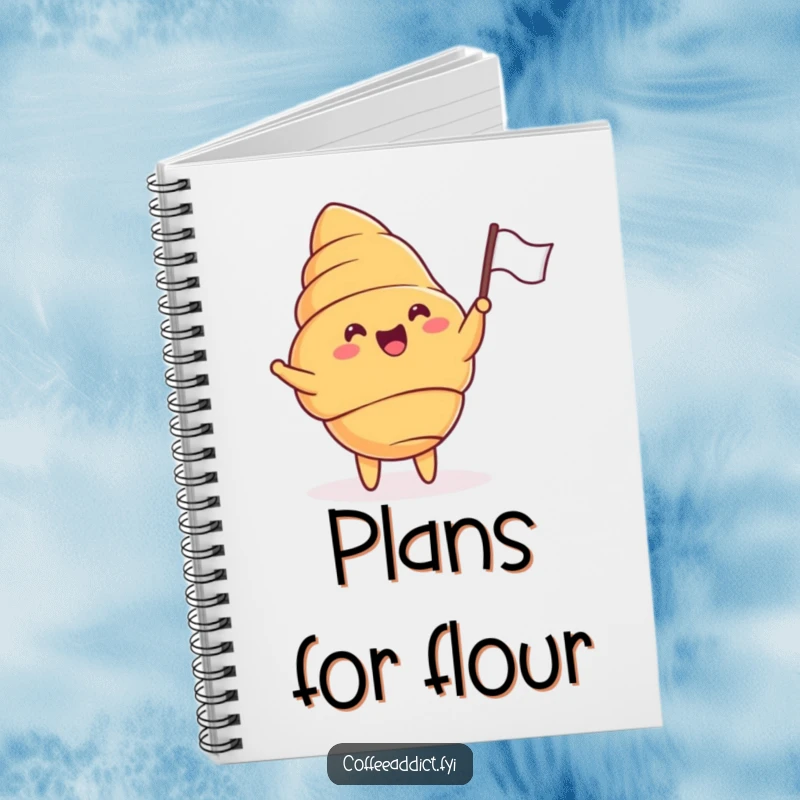 Funny notebook featuring a happy croissant waving a tiny flag with great delight, ideal for notes.