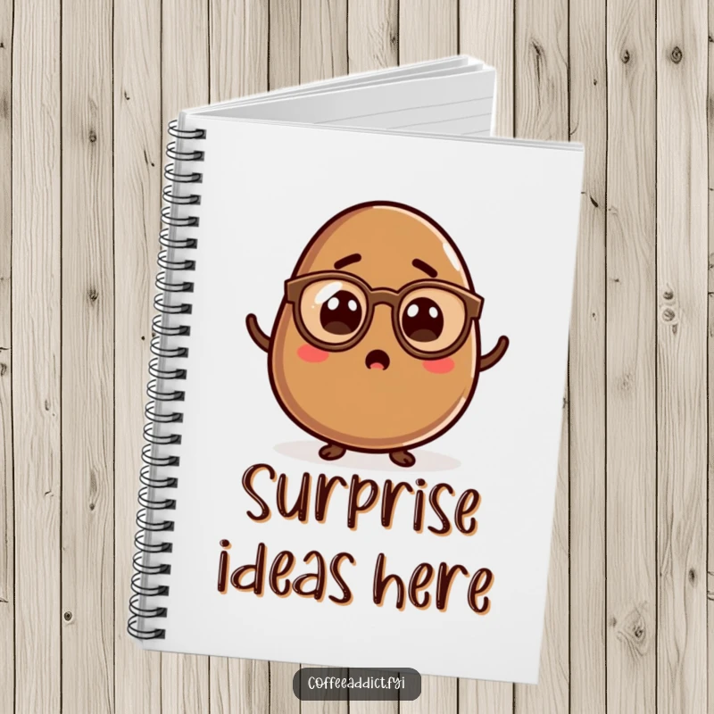 Funny Kawaii Coffee Bean Notebook featuring a surprised character in spectacles, ideal for capturing curious thoughts and creative ideas.
