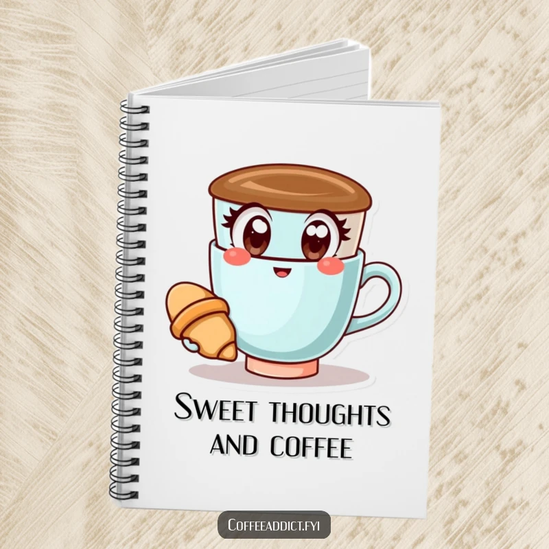 Funny Kawaii Coffee Cup Notebook: Happy coffee cup holding a croissant, ideal for jotting down cheerful and delightful ideas.