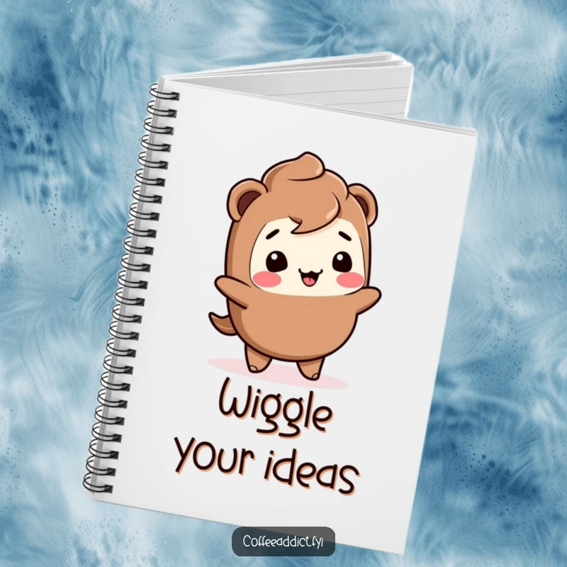 Funny Kawaii mocha notebook with a giggling character doing a joyful wiggle, perfect for notes and creative writing.