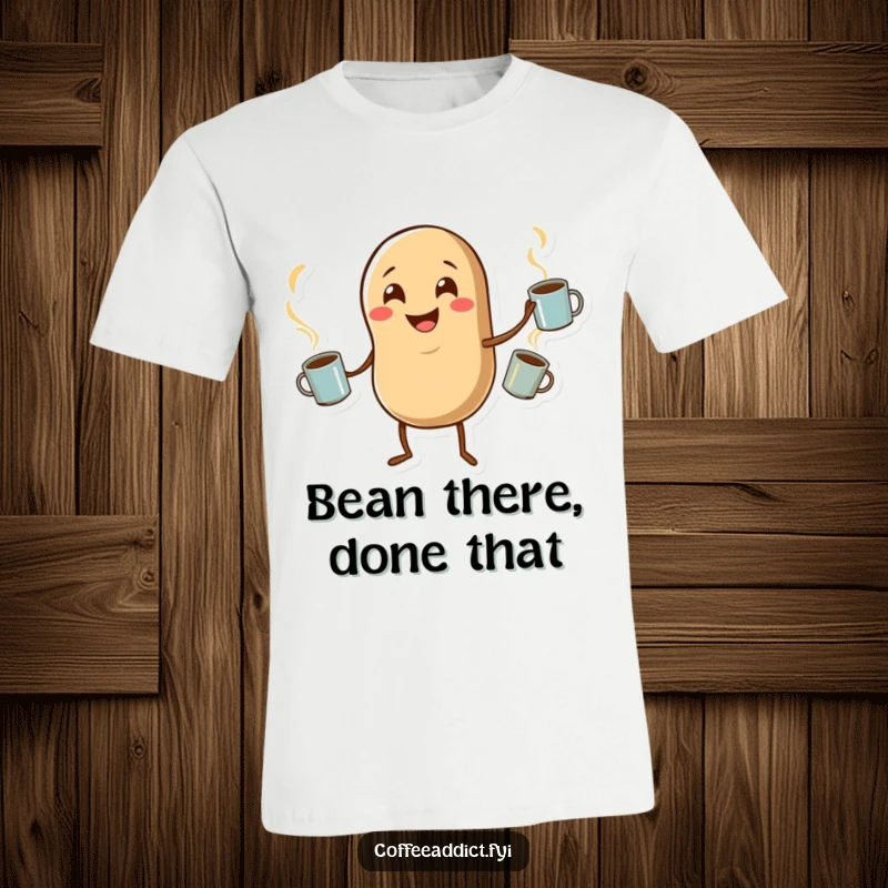 Funny t-shirt featuring a smiling coffee bean character impressively juggling three small steaming mugs, a charming illustration.