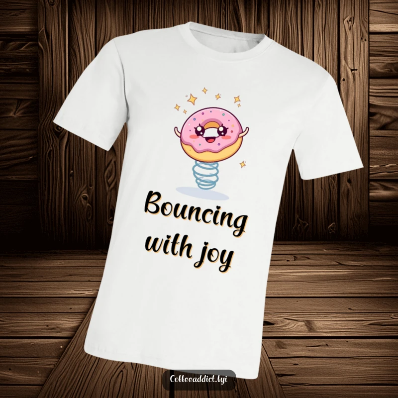 Funny t-shirt depicting a donut with wide, starry eyes bouncing energetically on a spring.