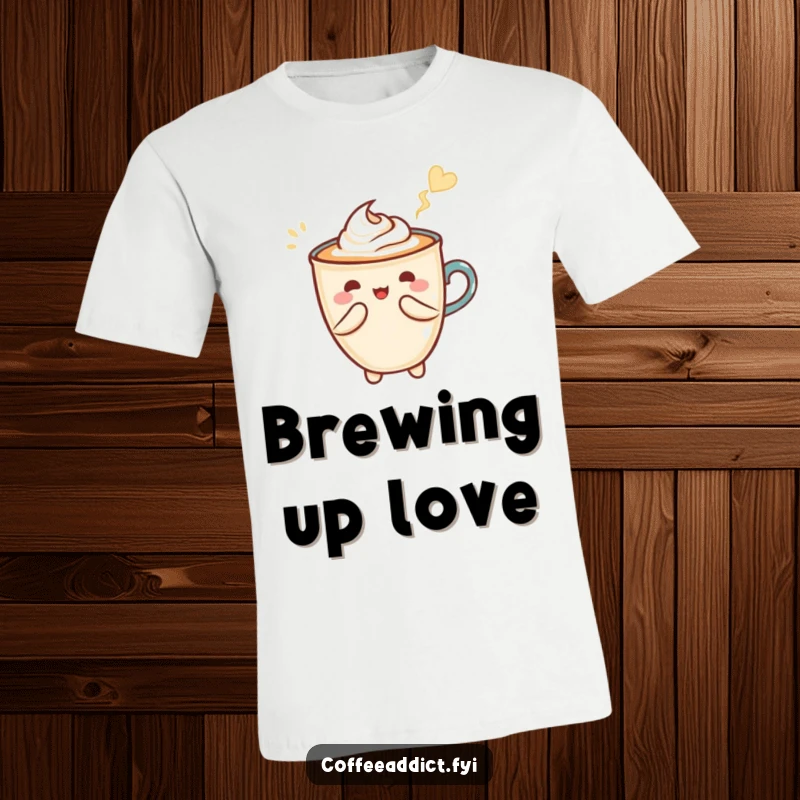 Funny t-shirt with a Kawaii latte art character gracefully creating a heart shape with a stylish flourish.