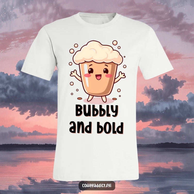 Funny T-Shirt depicting a coffee cup with bubbly foam performing a playful dance, perfect for expressing joyful and energetic vibes.