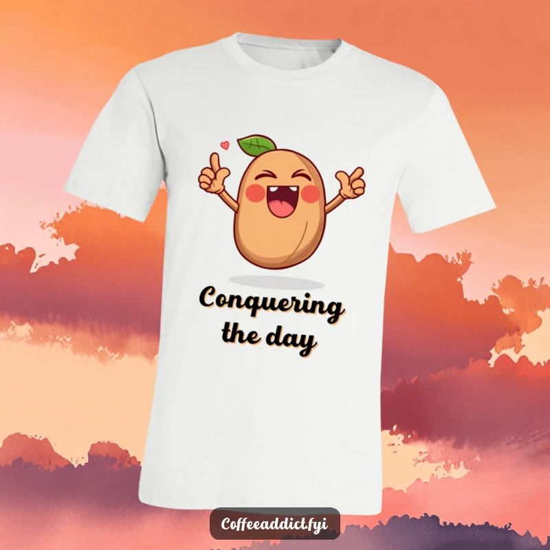 Funny t-shirt with a coffee bean character roaring triumphantly, perfect for showcasing coffee power.