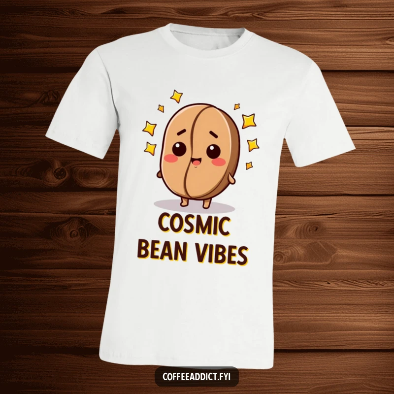 Funny t-shirt with a dazed, happy coffee bean character with stars swirling around, symbolizing a state of joyful bewilderment.