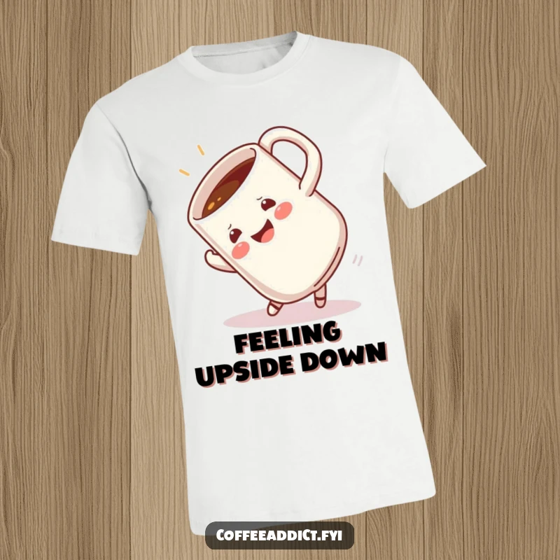 Funny graphic t-shirt featuring a coffee mug executing a happy, energetic somersault, perfect for those with a playful attitude.