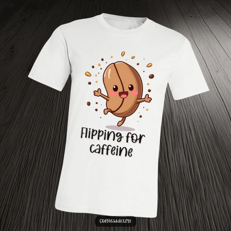 Funny Kawaii Coffee Bean T-Shirt: Energetic coffee bean performing a somersault with sprinkles, a humorous design for coffee lovers.