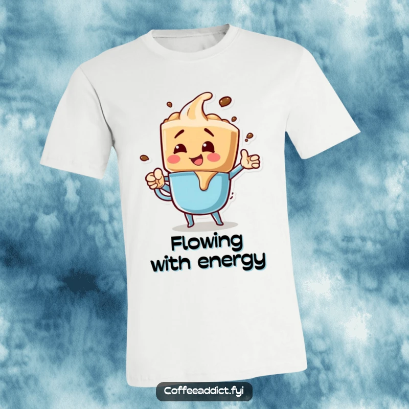 Funny t-shirt depicting a coffee drip character in an exciting, bubbly pose, full of vibrant energy and playful movement.