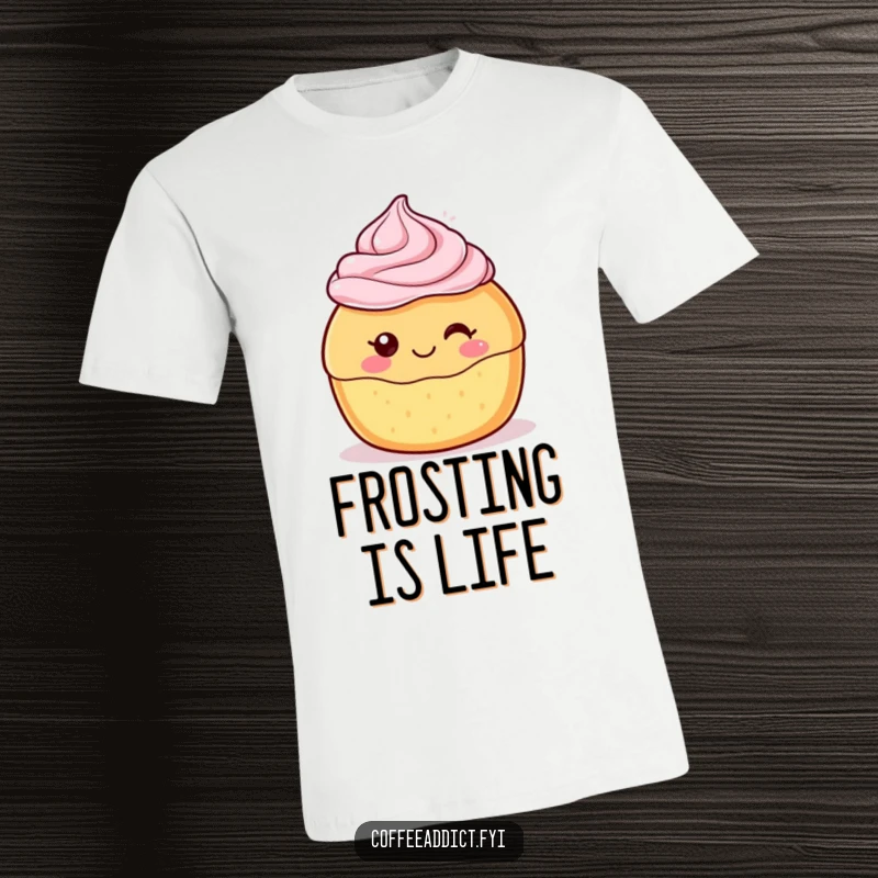 Funny Kawaii Pastry T-Shirt with a cute character sporting a delighted swirl of frosting, celebrating desserts and happiness.