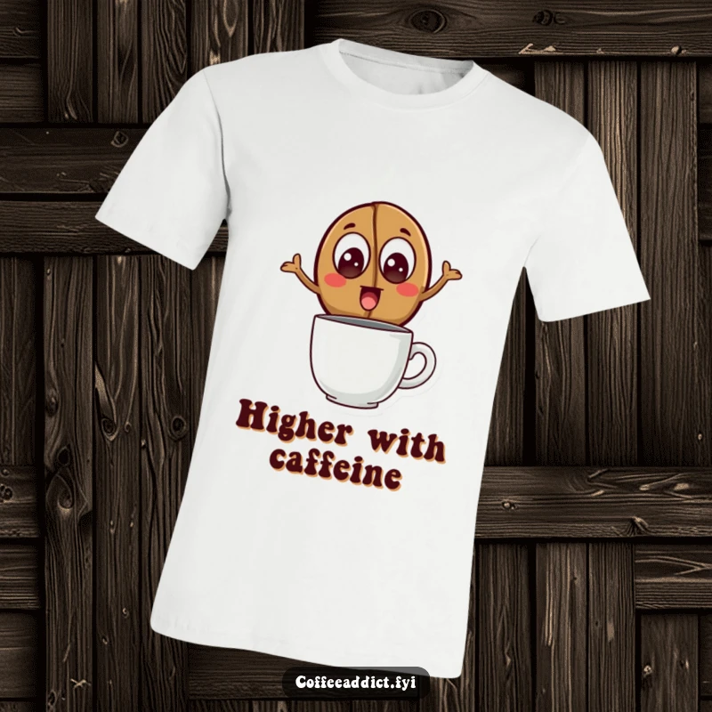 Funny T-Shirt depicting a coffee bean with excited eyes leaping over a steaming mug, perfect for expressing energetic coffee love.