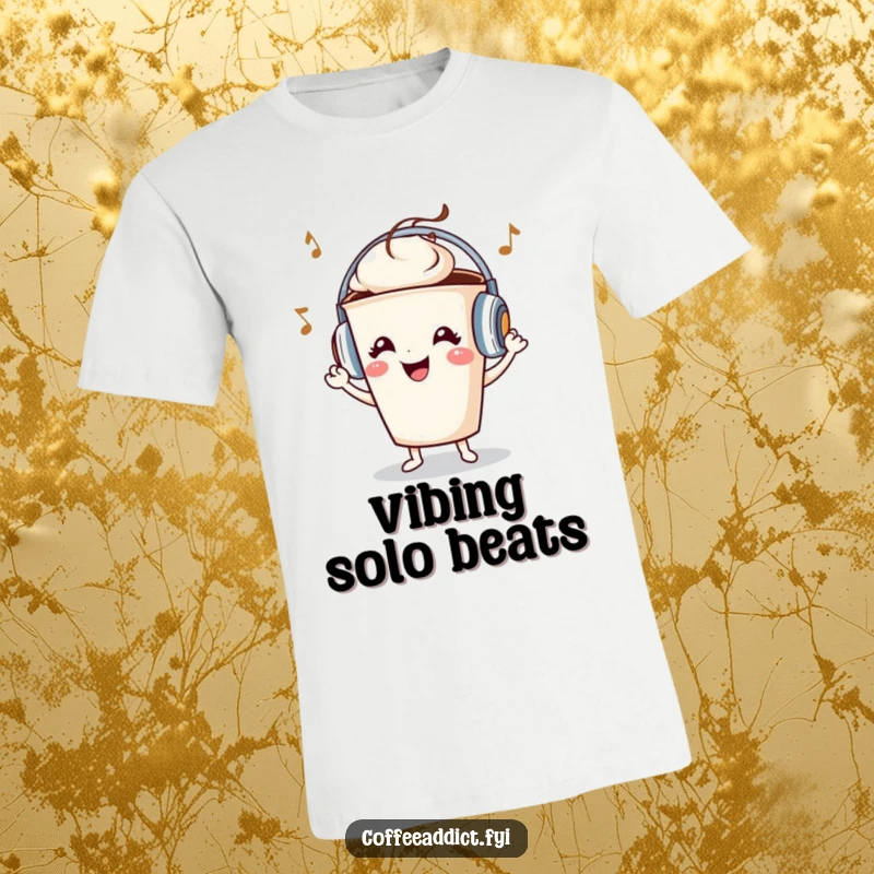 Funny coffee cup character wearing tiny headphones, dancing with a big grin, perfect for music and coffee lovers.