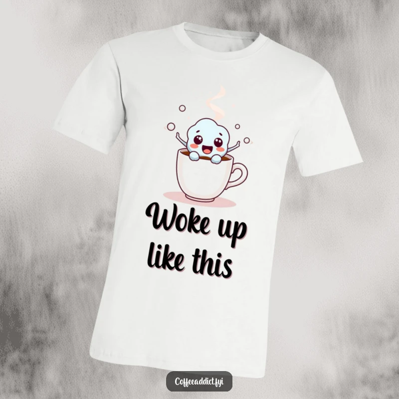 Funny Coffee Molecule T-Shirt depicting an excited character bursting from a steaming coffee cup, celebrating caffeine.
