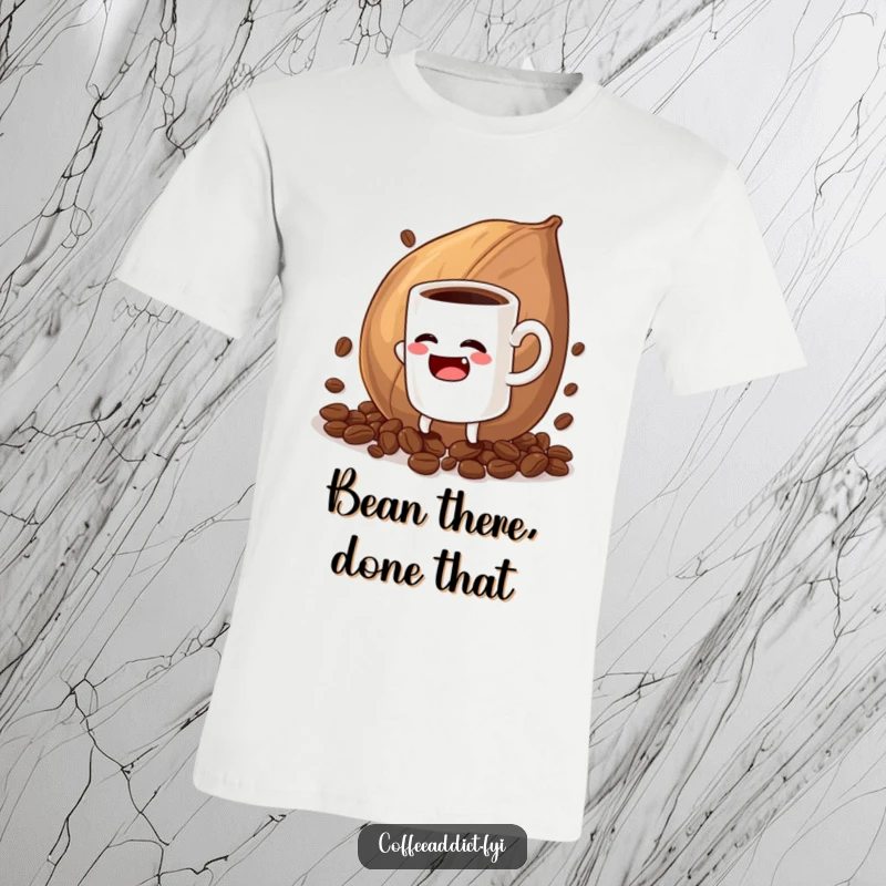 Funny t-shirt design of a coffee mug character comically acting overwhelmed by a giant coffee bean, great humor.