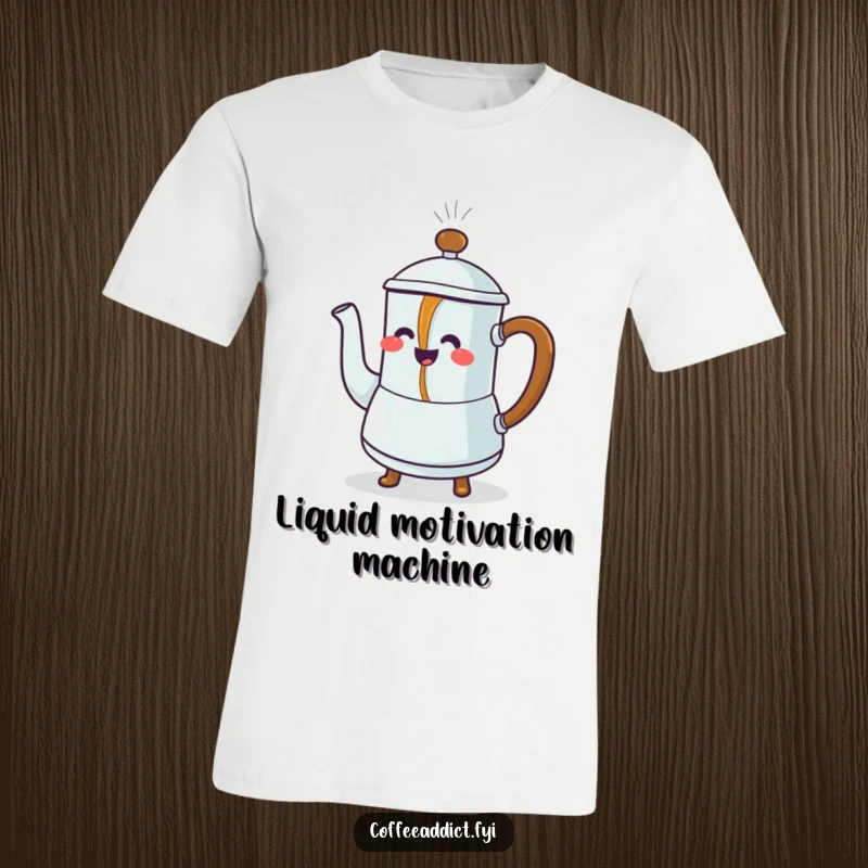 Funny T-Shirt: Steaming coffee pot character joyfully pouring a stream of dancing coffee, a vibrant and humorous design.
