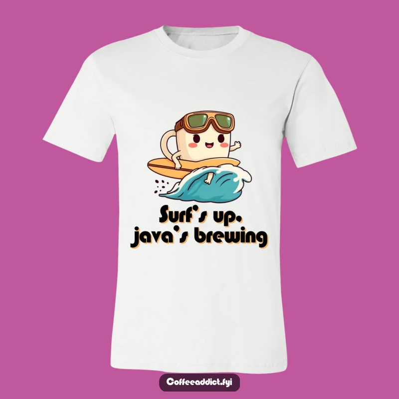 Funny Coffee Surfer T-Shirt: Goggled Character Rides Coffee Wave