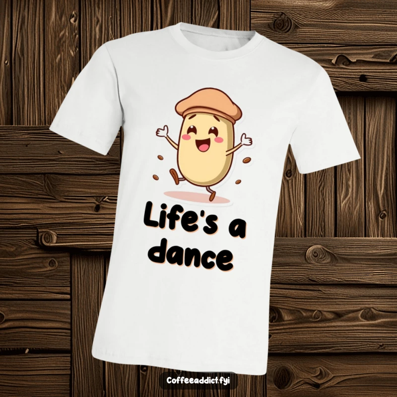 Funny coffee bean character in a beret, dancing with elegant flair, showcasing artistic charm on a vibrant t-shirt.