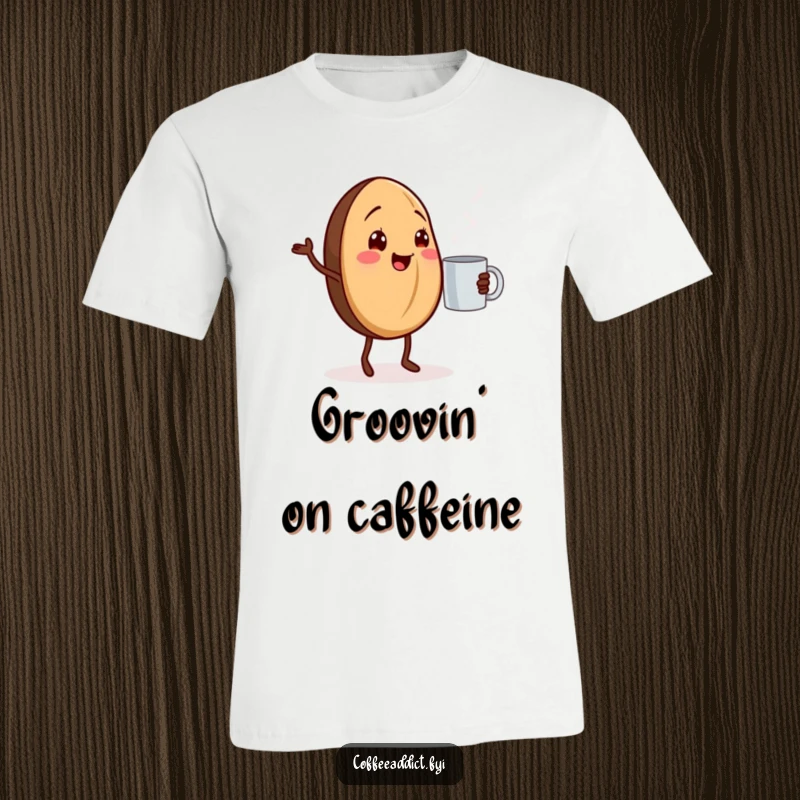 Funny coffee bean t-shirt depicting a cheerful coffee bean doing a happy dance next to a steaming mug.