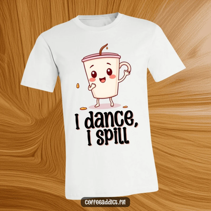 Funny t-shirt graphic of a coffee cup character performing a goofy dance with a few drops spilling, capturing playful energy.