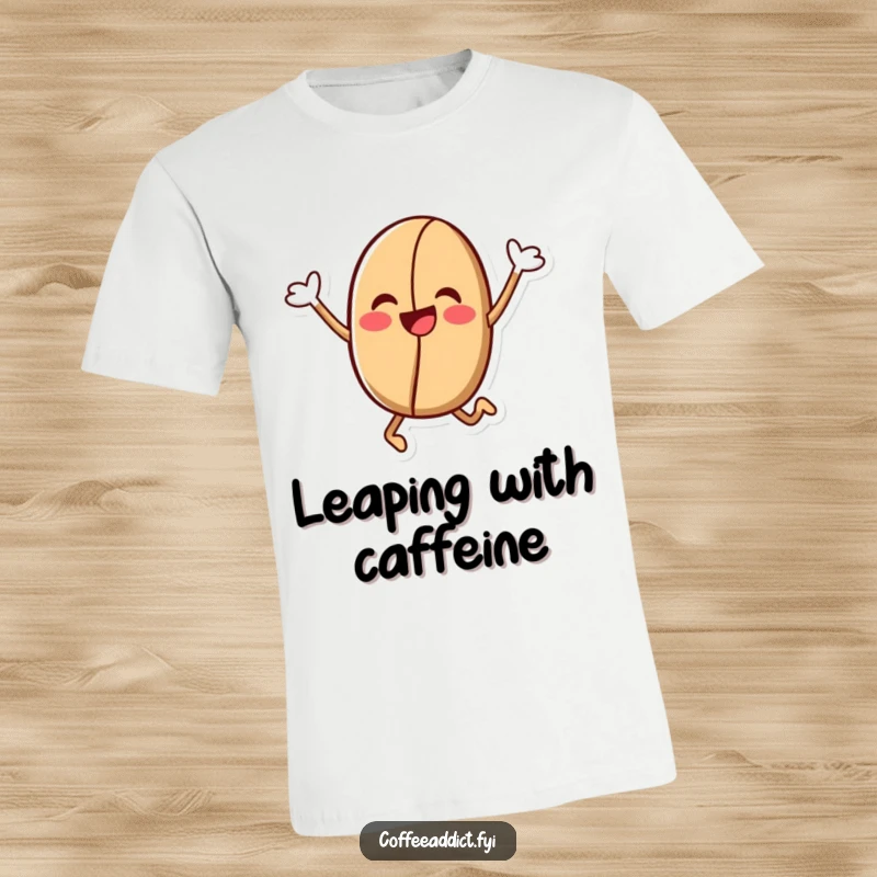 Funny Kawaii Coffee Bean T-Shirt: Cute coffee bean character performing a jubilant leap, radiating happiness and coffee-fueled excitement.