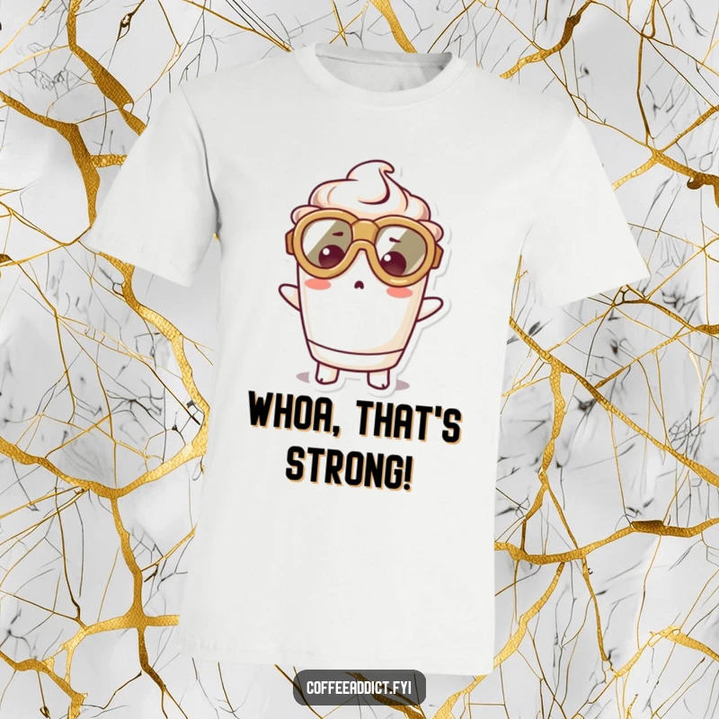 Funny t-shirt depicting a wide-eyed kawaii coffee cup character wearing huge goggles, caught in a moment of hilarious surprise.