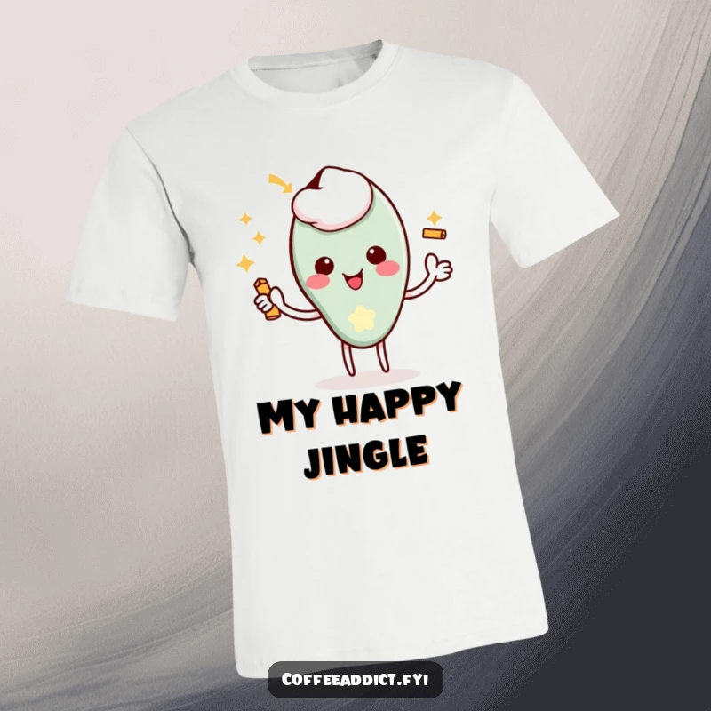 Funny Kawaii Coffee Spoon T-Shirt with a character performing a delighted flourish and a tiny jingle, symbolizing celebration.