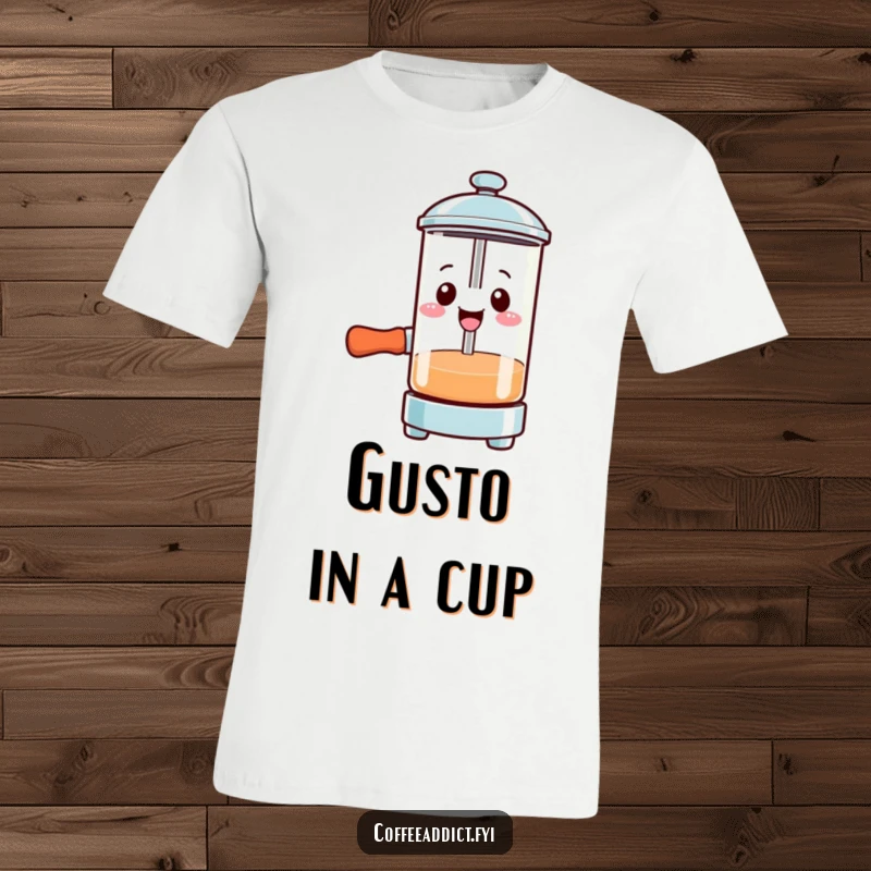 Funny Kawaii French press t-shirt featuring a smiling character pressing down with gusto, ideal for coffee enthusiasts.