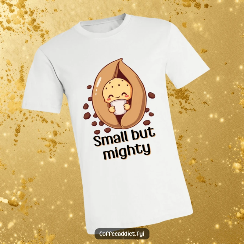 Funny muffin t-shirt showing a shy muffin peeking from behind a large coffee bean, holding a small cup.
