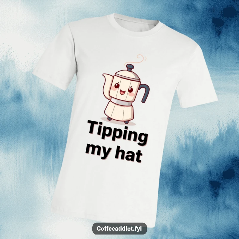 Funny graphic t-shirt depicting a steaming coffee pot character playfully tipping, embodying a generous and fun coffee-serving attitude.