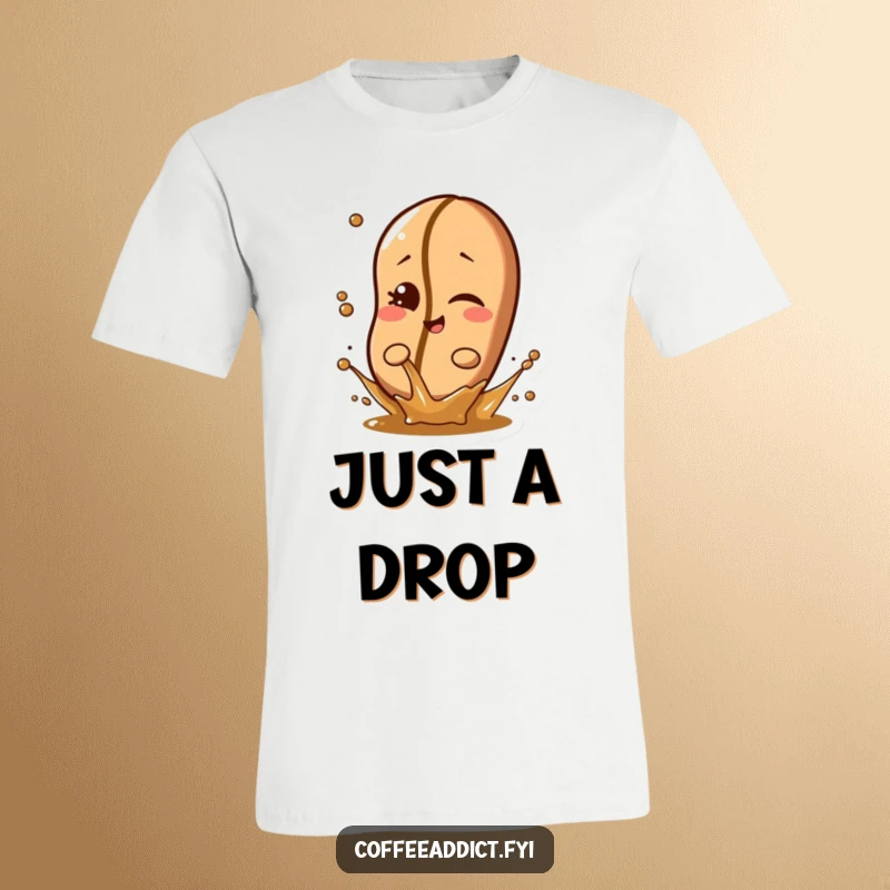 Funny coffee bean character winking playfully while splashing a tiny amount of liquid with a mischievous glint on a t-shirt.