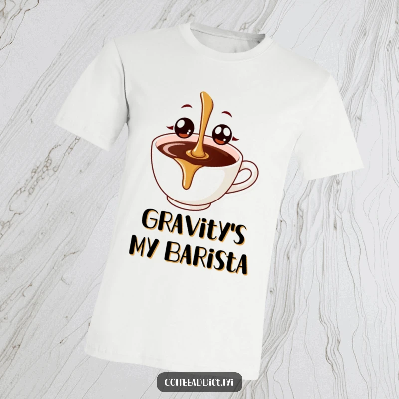 Funny coffee drip with wide, excited eyes plunging into a coffee cup, capturing a moment of pure, comical bliss.