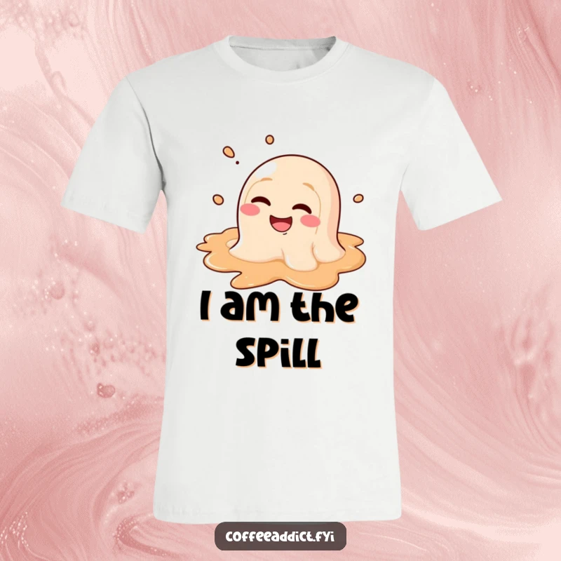 Funny t-shirt design of a coffee puddle character comically melting with a goofy grin, expressing pure joy.