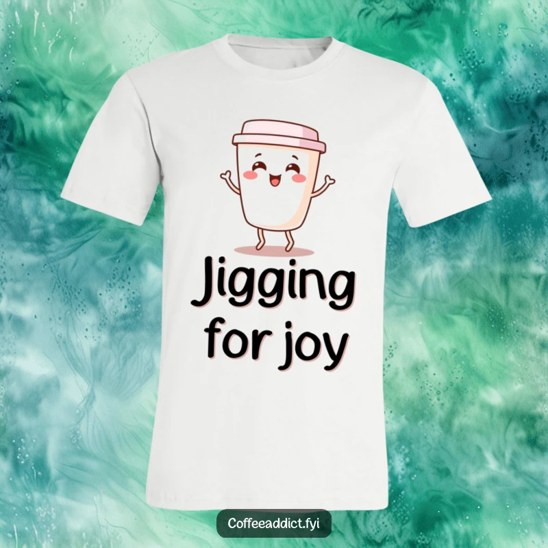Funny Kawaii Coffee Cup T-Shirt featuring a cute character doing a happy little jig, celebrating the joy of coffee and movement.