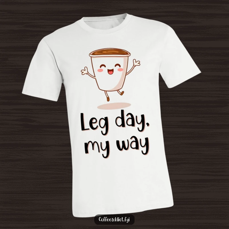 Funny t-shirt showcasing a coffee cup character with tiny legs in a wild, energetic dance pose, radiating happiness.